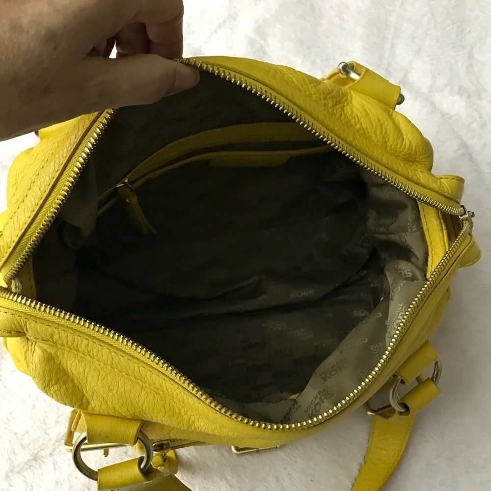 Michael Kors Yellow Leather Outer Pockets Double Handle Satchel Purse Bag